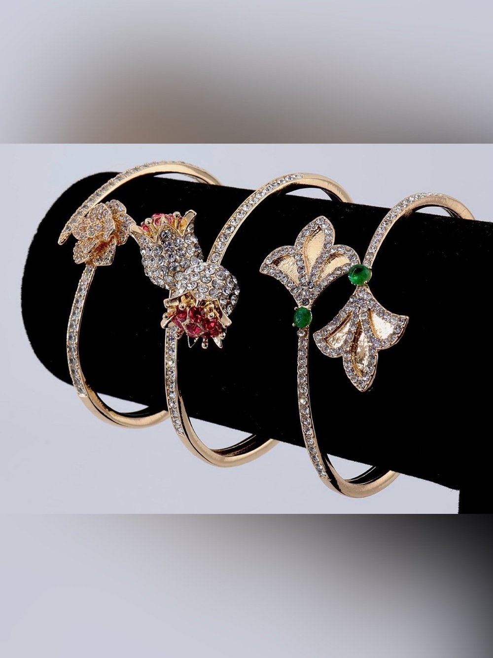 Anthropologie Gold Crystal Floral & Emerald Accent Cuff Bracelets